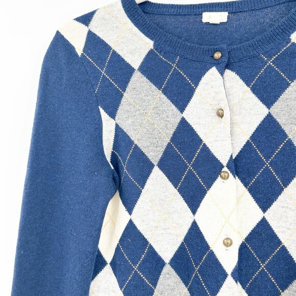 J.Crew Womens Fall Preppy 100% Lambs Wool Knit Diamond Argyle Cardigan Sweater S - Picture 3 of 7